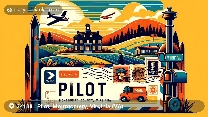 Modern illustration of Pilot, Montgomery County, Virginia, with Guerrant House silhouette and nature themes, including airmail envelope with ZIP code 24138 and Virginia state symbols.