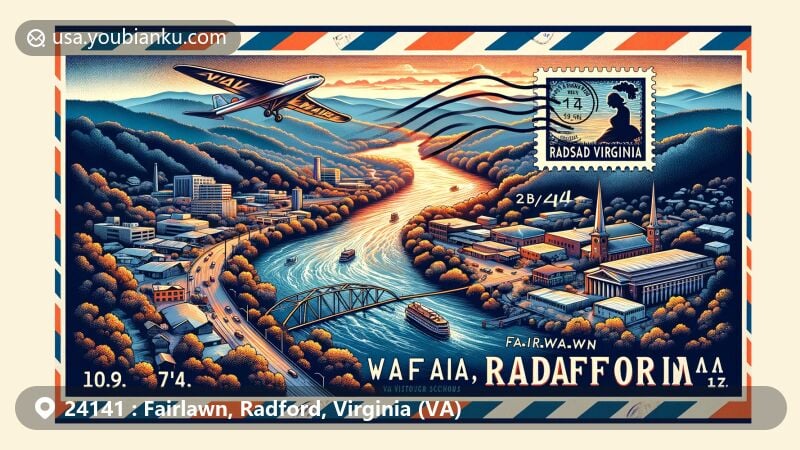 Modern illustration of Fairlawn, Radford, Virginia, capturing the essence of ZIP code 24141 with a blend of postal themes and regional characteristics, showcasing the urban-natural beauty and community spirit of Pulaski County.