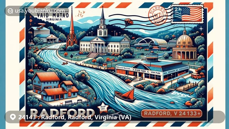 Modern illustration of Radford, Virginia, highlighting Glencoe Museum, Bisset Park, and Wildwood Park, adjacent to New River, with postal elements depicting ZIP code 24143, including vintage air mail design and Virginia state stamp.