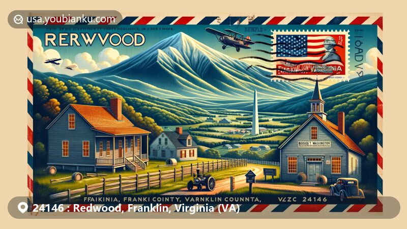 Modern illustration of Redwood, Franklin County, Virginia, blending postal theme with ZIP code 24146, featuring Booker T. Washington National Monument and rural American scenery against Blue Ridge Mountains.