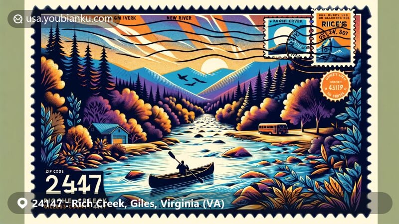 Modern illustration of Rich Creek, Giles County, Virginia, highlighting postal theme with ZIP code 24147, featuring the New River, Blue Ridge Mountains, and local recreational opportunities.