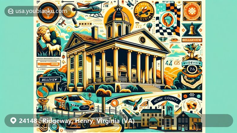 Modern illustration of Ridgeway, Henry County, Virginia, featuring Belleview, a historic plantation with a two-tier portico and Greek Ionic columns. Includes symbols of notable residents like NASCAR drivers and electronic musicians, and elements of Virginia's natural beauty. Resembles a creative postcard design with stamps, postmark, and ZIP Code 24148.