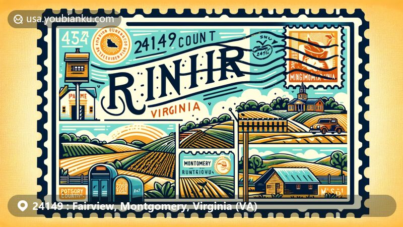Modern illustration of Riner, Virginia, in Montgomery County, with postal theme showcasing ZIP code 24149, including scenic rolling hills, agricultural elements, local landmarks, vintage stamp design, and old-fashioned postmark.