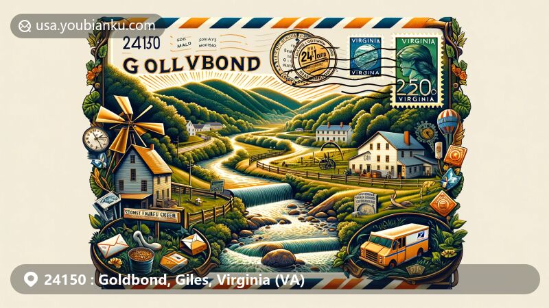 Modern illustration of Goldbond, Giles County, Virginia, featuring postal theme with ZIP code 24150, designed within an airmail envelope, capturing the essence of postal communication. Showcasing the tranquil scenery of Goldbond and picturesque Stony Creek surrounded by lush greenery, including iconic landmarks like historic mills and family cemetery seamlessly integrated into the landscape, evoking a sense of community heritage. Decorated with postal service elements along the envelope edge, such as stamps with Virginia state flag, a vintage postal truck, and a mailbox. The ZIP code '24150' and 'Goldbond, Virginia' name elegantly highlighted in fonts, ensuring they are the focal points of the composition. This illustration balances the charm of Goldbond's natural landscape with the thematic significance of postal elements, creating a vivid and engaging visual representation perfect for US ZIP code-specific websites.