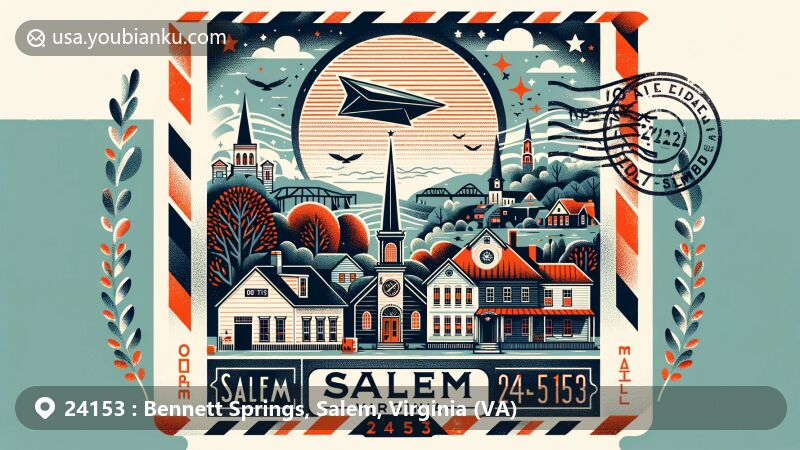 Modern illustration of Salem, Virginia, showcasing postal theme with ZIP code 24153, featuring local landmarks and vintage air mail elements.