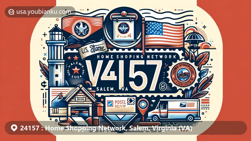 Modern illustration of Salem, Virginia, featuring postal theme with ZIP code 24157, showcasing Home Shopping Network area and Virginia state symbols.