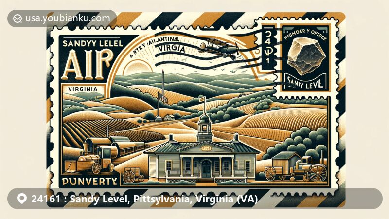 Modern illustration of Sandy Level, Virginia, showcasing postal theme with ZIP code 24161, featuring rolling hills, farmland, and the historic Sandy Level Post Office building, incorporating the Virginia state flag and barite ore.