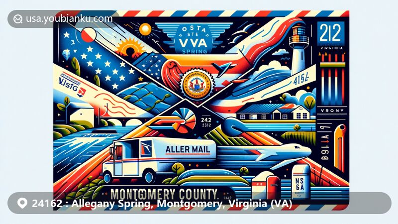 Modern illustration of Allegany Spring area, Montgomery County, Virginia, with air mail envelope showcasing ZIP code 24162 and Virginia state flag, featuring postal elements like stamp, postmark, and mail delivery hints.