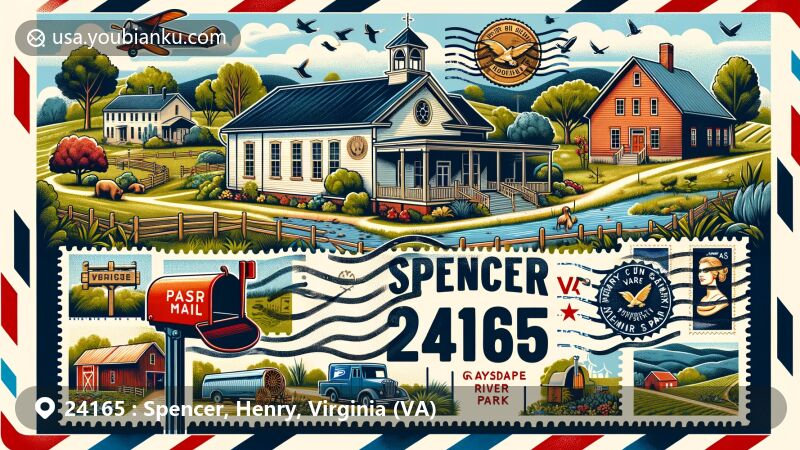 Modern illustration of Spencer, Henry County, Virginia, highlighting postal theme with ZIP code 24165, featuring Spencer-Penn School, Grassdale Farm, Mayo River State Park, vintage air mail elements, and icons like mailbox and postal truck.