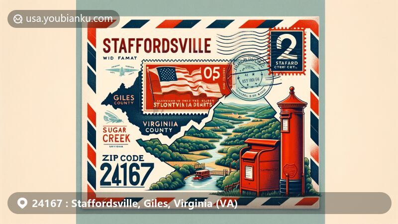 Illustration of Staffordsville, Giles County, Virginia, with vintage air mail envelope canvas, showcasing Giles County outline, Walker Creek, Virginia state flag, red postbox, postage stamp with ZIP code 24167, and Sugar Run illustration.