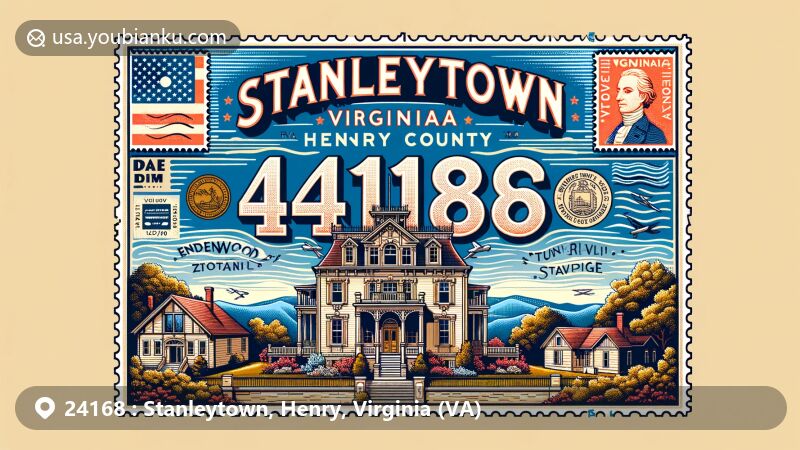 Modern illustration of Stanleytown, Henry County, Virginia, showcasing postal theme with ZIP code 24168, featuring local landmarks Edgewood and Stoneleigh, reflecting Greek and Tudor Revival styles.