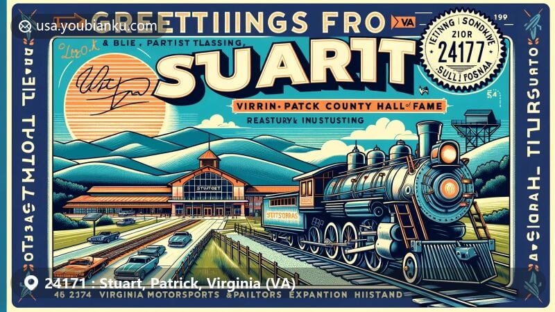 Modern illustration of Stuart, Patrick County, Virginia, showcasing postal theme with ZIP code 24171, featuring Blue Ridge Mountains, Virginia Motorsports Museum, historical steam locomotive, and stylish 'Greetings from Stuart, VA' text.
