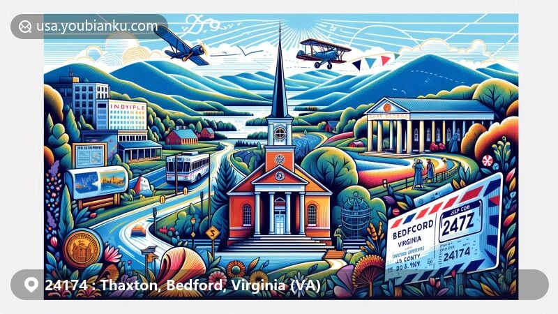Modern illustration of Thaxton, Bedford County, Virginia, showcasing natural beauty of Blue Ridge Mountains, Thomas Methodist Episcopal Chapel, and National D-Day Memorial, designed as vibrant postcard with ZIP Code 24174.
