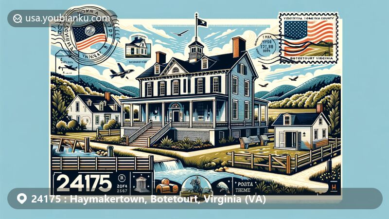 Modern illustration of Haymakertown, Botetourt County, Virginia, featuring the historic Anderson House in Federal architectural style, surrounded by Blue Ridge Mountains, James River, vintage postcard border with Virginia state flag stamp, and postal theme with ZIP Code 24175.