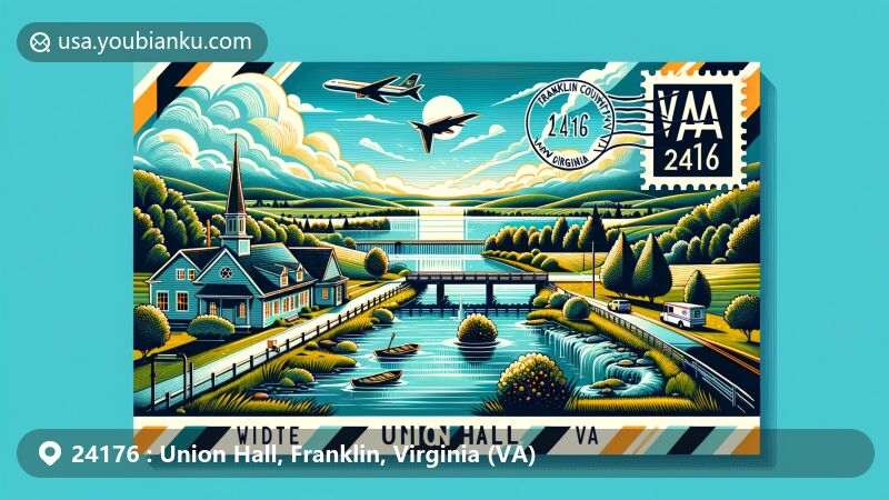 Modern illustration of Union Hall, Franklin County, Virginia, featuring postal theme with ZIP code 24176, showcasing natural scenery and water features.