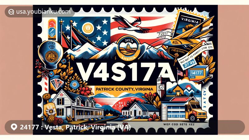 Modern illustration of Vesta, Patrick County, Virginia, with ZIP code 24177, incorporating state symbols, postal elements like stamps and a mailbox, and regional Southeastern US landmarks.