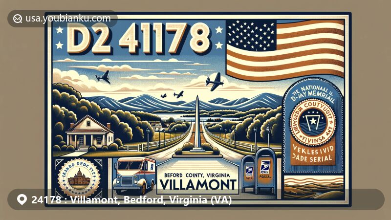 Modern illustration of Villamont, Bedford County, Virginia, highlighting ZIP code 24178 and the National D-Day Memorial as a symbol of historical significance, with the Blue Ridge Mountains in the background and vintage postcard elements.