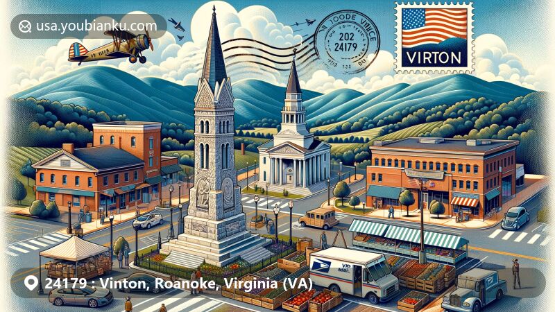 Modern illustration of Vinton, Roanoke County, Virginia, featuring Vinton War Memorial, Blue Ridge Mountains, and postal elements with ZIP code 24179.