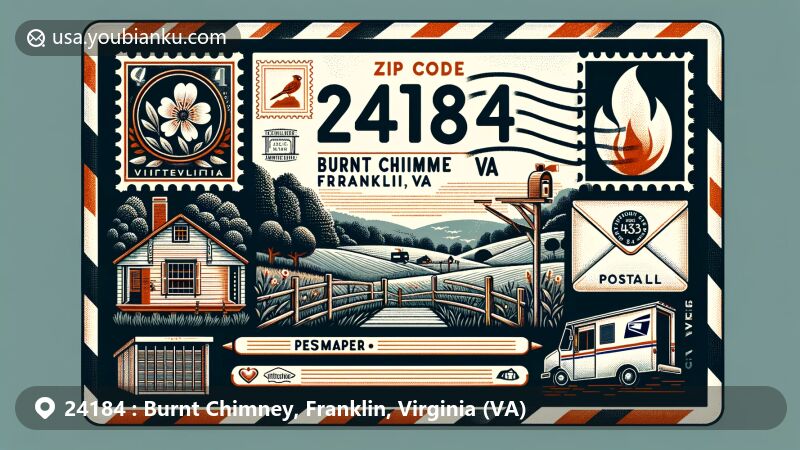 Modern illustration of Burnt Chimney, Franklin County, Virginia, featuring a vintage airmail envelope design with postage stamp, postmark, and iconic symbols of the community including serene rural landscapes, Virginia state symbols, and postal service elements.