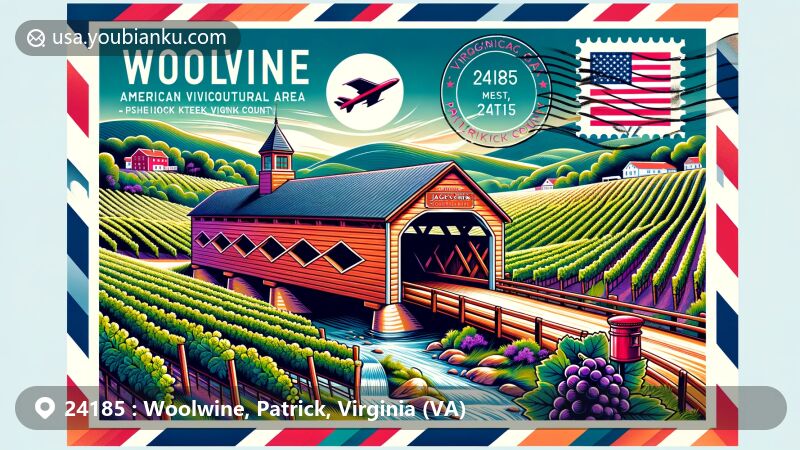 Modern illustration of Jack's Creek Covered Bridge in Woolwine, Virginia, set in Rocky Knob AVA with Virginia state flag and Patrick County outline, featuring airmail theme and postal elements.