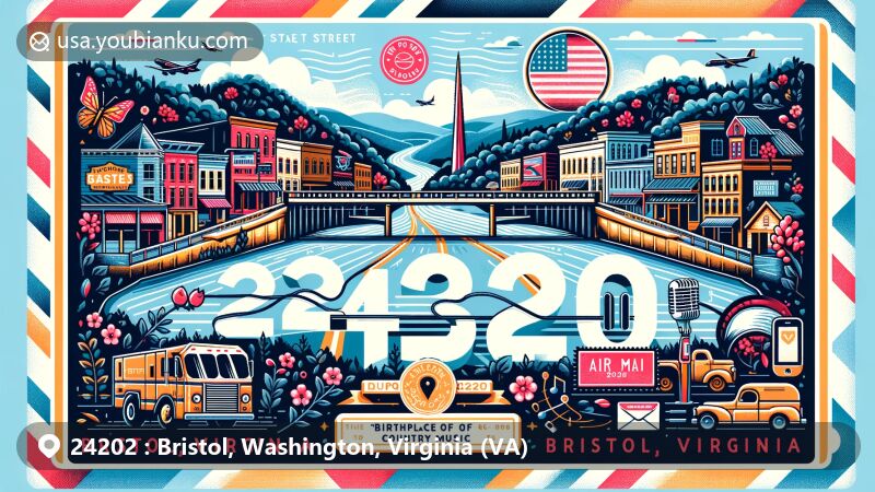 Modern illustration of Bristol, Virginia, representing the unique State Street dividing Tennessee and Virginia sections, incorporating Country Music elements and Appalachian Mountain backdrop, featuring postal theme with ZIP code 24202.