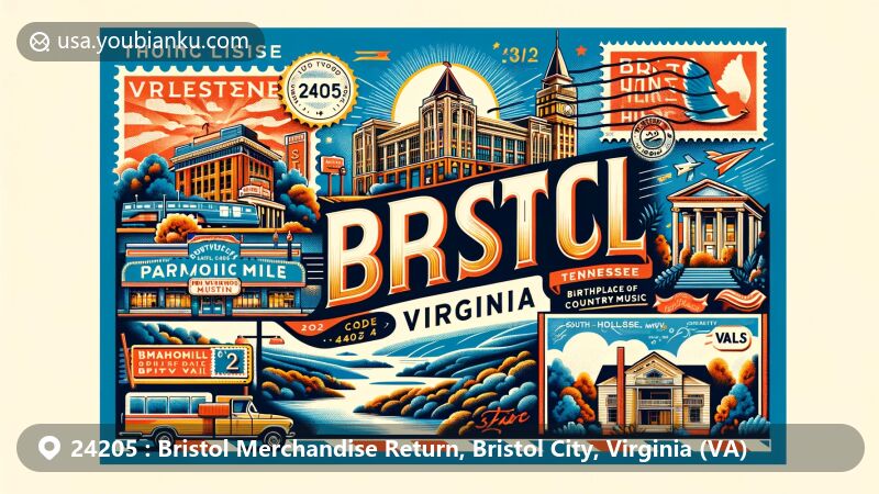 Modern illustration of Bristol, Virginia, 24205 ZIP code area, featuring iconic landmarks like Bristol Virginia-Tennessee Slogan Sign, Paramount Center for the Arts, Birthplace of Country Music Museum, South Holston Lake, and Blue Ridge Mountains.