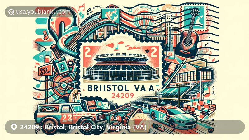 Vibrant illustration of Bristol, Virginia, representing ZIP code 24209, featuring Bristol Motor Speedway and country music elements, combined with postal imagery like stamps and postmark, creating a seamless blend of local culture and postal themes.