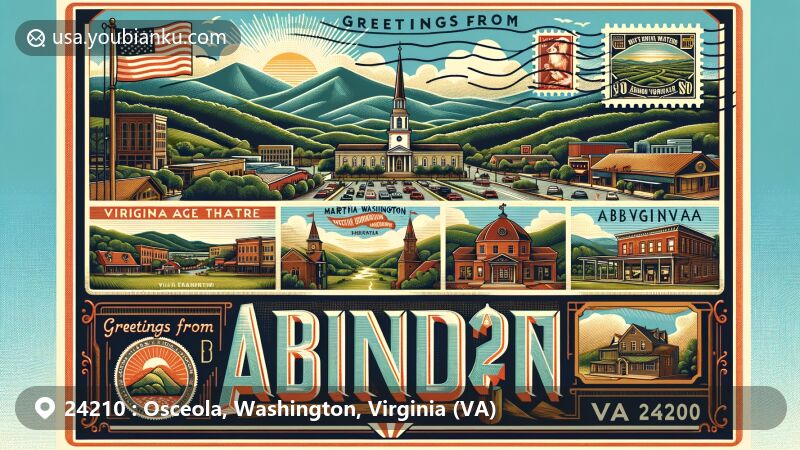 Modern illustration of Abingdon, Virginia, ZIP code 24210, featuring Blue Ridge Mountains backdrop, Barter Theatre, Virginia Creeper Trail, and Martha Washington Inn & Spa.