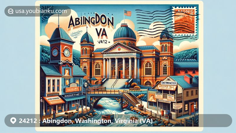 Postcard-style illustration of Abingdon, Virginia, featuring William King Museum of Art, Barter Theatre, Virginia Creeper Trail entrance sign, and ZIP Code 24212.