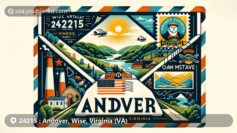 Modern illustration of Andover, Wise County, Virginia, featuring retro-style airmail envelope with lush Virginia scenery, iconic coal mining heritage, and map of Wise County, incorporating Appalachian Mountains and Virginia state flag stamp, highlighting ZIP code 24215.