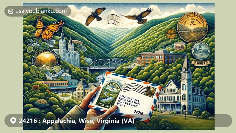 Modern illustration of Appalachia, Wise County, Virginia, highlighting postal theme with ZIP code 24216, featuring Powell River Trail, Kelly View School, and Veterans and Miners Memorial Wall.