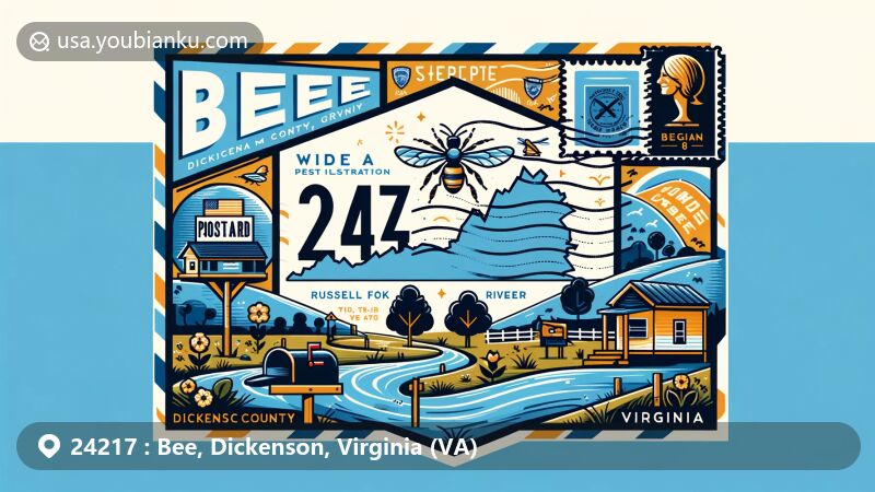 Modern illustration of Bee community, Dickenson County, Virginia, representing ZIP code 24217 with postal theme including stamps, postmarks, and mailbox, showcasing natural landscapes like Russell Fork river and symbol of Virginia State Route 80.