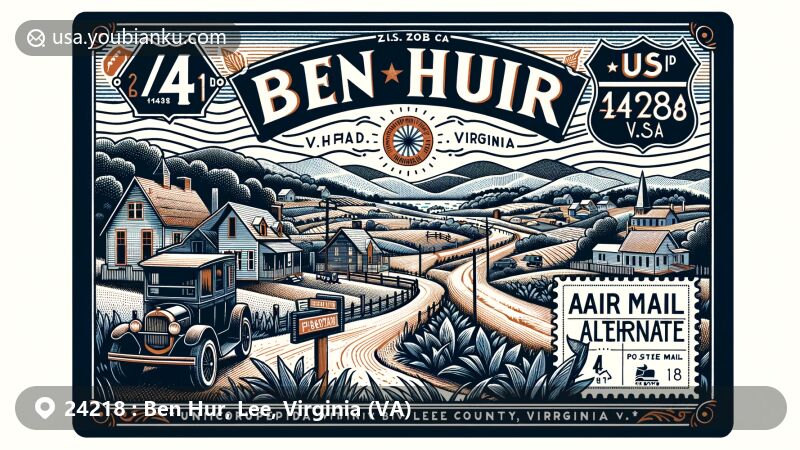 Modern illustration of Ben Hur, Lee County, Virginia, featuring postal theme with ZIP code 24218, showcasing Appalachian Mountains, rural landscapes, and traditional American symbols.
