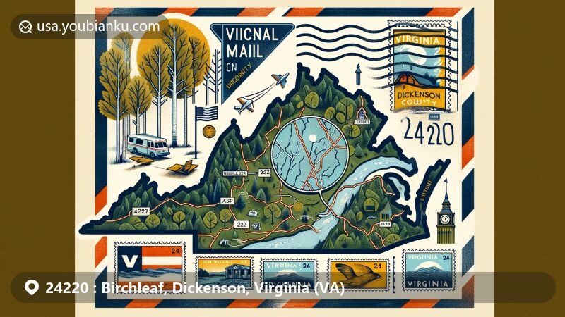 Modern illustration of Birchleaf, Dickenson County, Virginia, featuring a creative postal theme with air mail envelope, postage stamps, and map outline showing Birchleaf. Includes birch trees, Virginia state flag, and local symbols like Russell Fork of Levisa River.