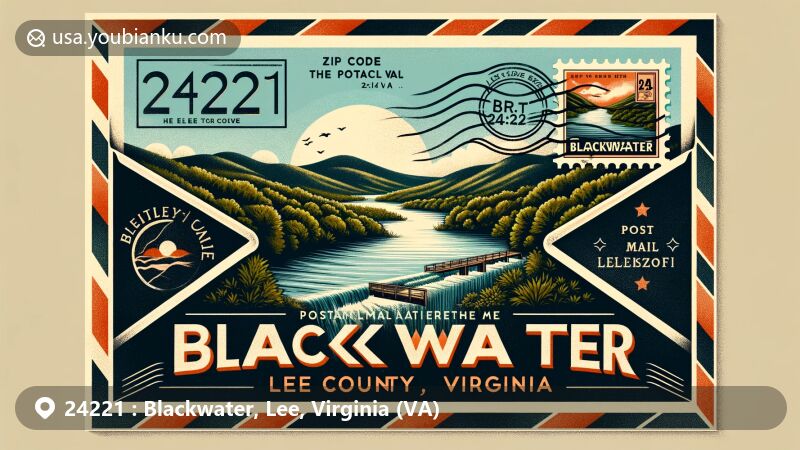 Modern illustration of Blackwater, Lee County, Virginia, showcasing postal theme with ZIP code 24221, featuring picturesque landscape, outdoor activities, and vintage air mail envelope.