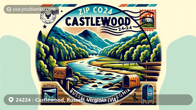 Modern illustration of Castlewood, Russell County, Virginia, featuring Appalachian Mountains and Clinch River, with postal elements like a stamp and mailbox for ZIP code 24224.