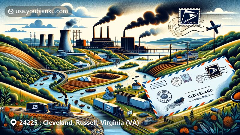 Modern illustration of Cleveland, Russell, Virginia area featuring Clinch River, coal mining, agriculture, power plant, and railroad, representing diverse economy with postal elements like airmail envelope, stamp, and postmark.