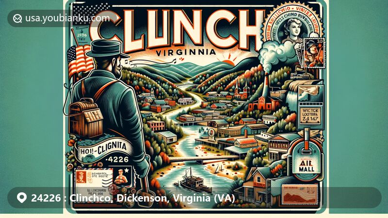 Modern illustration of Clinchco, Virginia, featuring vintage postcard design with postal elements like stamps, ZIP Code 24226, and an old-fashioned mailbox, highlighting coal mining history, McClure River valley, and WWII hero Shifty Powers.
