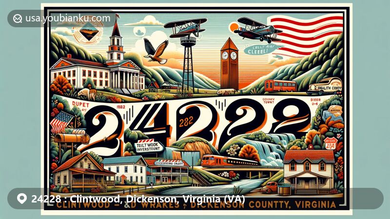 Modern illustration of Clintwood, Dickenson County, Virginia, featuring postal theme with ZIP code 24228, showcasing iconic landmarks like Dickenson County Courthouse and Ralph Stanley Museum.