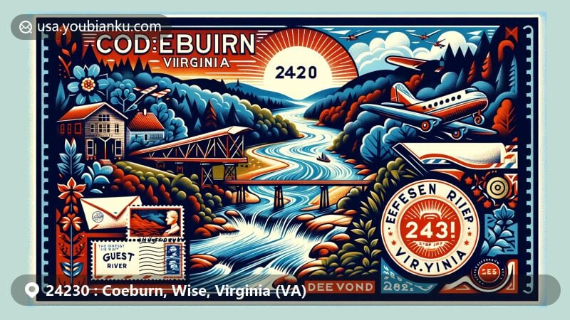 Contemporary illustration of Coeburn, Virginia, showcasing Guest River Gorge Trail, Jefferson National Forest, and vintage postal elements, with a focus on ZIP code 24230.