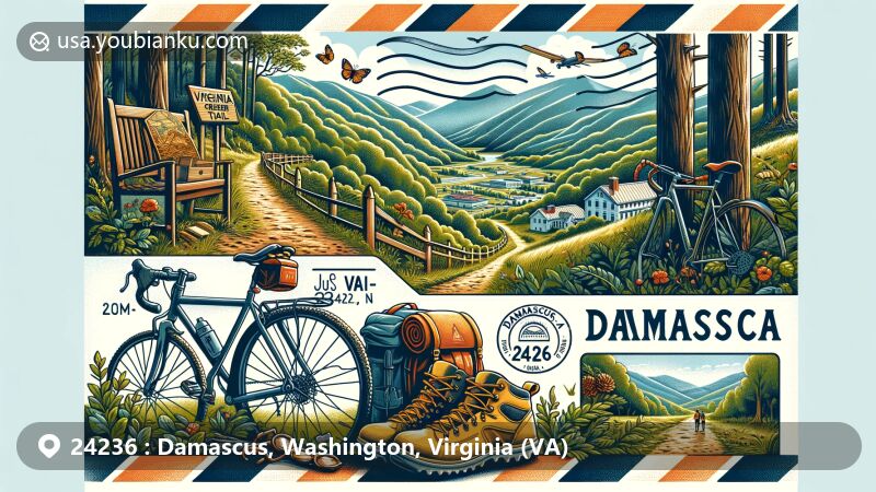 Modern illustration of Damascus, VA, showcasing Virginia Creeper Trail, Appalachian Trail, and Mount Rogers National Recreation Area, with postal theme featuring ZIP code 24236 and 'Damascus, VA - The Heart of Trail Town, USA'.