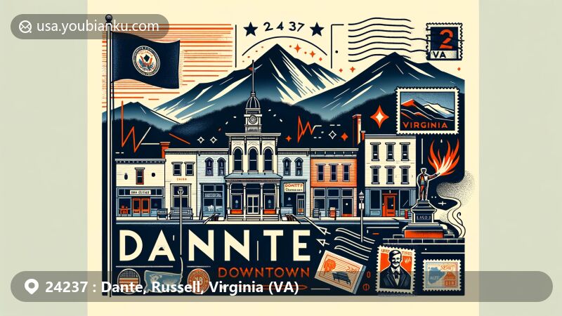 Modern illustration of Dante Downtown Historic District, Dante, Russell County, Virginia, featuring coal mining history, Virginia state flag, and postal elements like postcard, stamps, postmark '24237 Dante, VA', with mountain outlines.