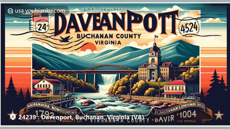 Modern illustration of Davenport area, Buchanan County, Virginia, featuring Appalachian Mountains as backdrop, county courthouse as key landmark, and 460 Bridge connecting bridge in stylized postcard design with postal elements and state symbols.