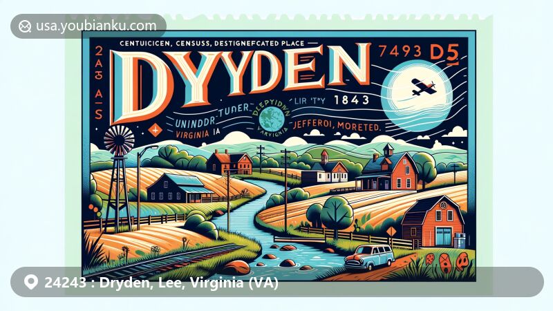 Modern illustration of Dryden, Lee County, Virginia, depicting ZIP code 24243 with Powell River, Jefferson National Forest, and historical postal elements.