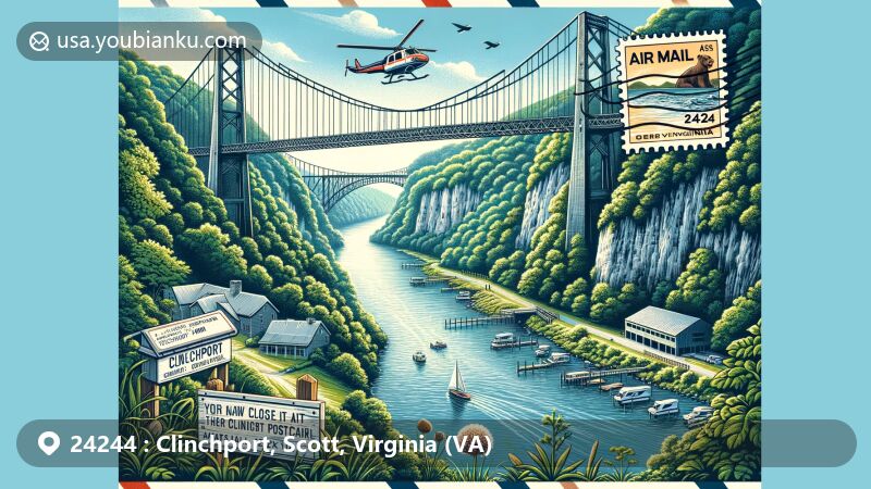 Modern illustration of Clinchport, Virginia, highlighting scenic Clinchport Suspension Bridge and Natural Tunnel, with postal elements like stamp, postmark, and American postal service symbols.