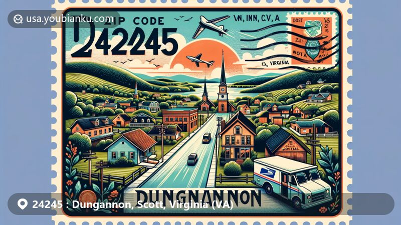 Modern illustration of Dungannon, Scott County, Virginia, depicting postal theme with ZIP code 24245, showcasing serene rural charm, integrating symbols of natural connection like Clinch River or High Knob.