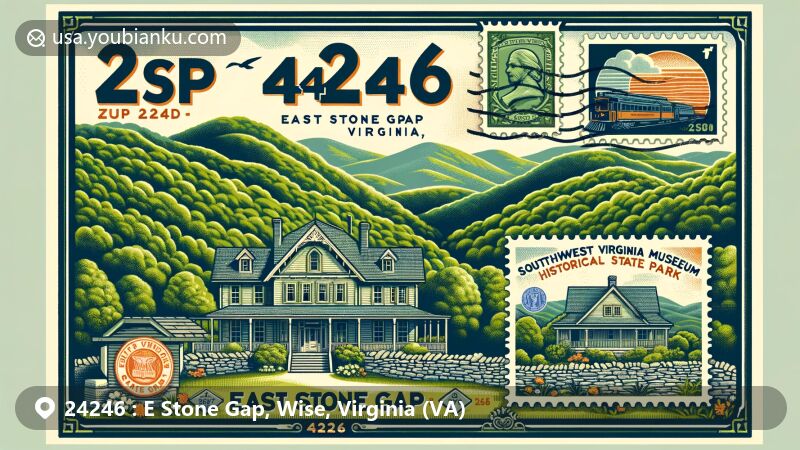 Vintage-style postcard illustration of East Stone Gap, Wise County, Virginia, highlighting ZIP code 24246, with Southwest Virginia Museum Historical State Park and lush green mountains.