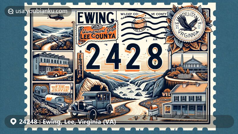 Modern illustration of Ewing, Lee County, Virginia, featuring ZIP code 24248, Wilderness Road State Park, Sand Cave, vintage airmail theme, and Virginia state flag.