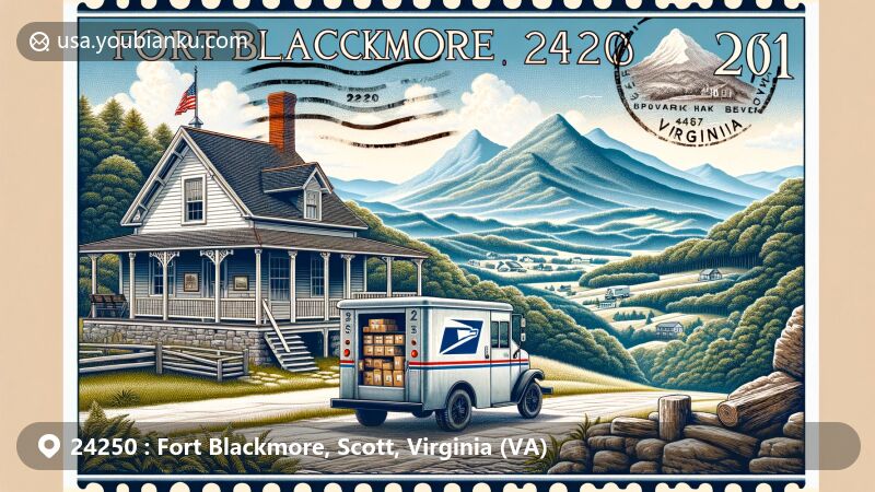 Modern illustration of Fort Blackmore, Virginia, featuring vintage postal scene with ZIP code 24250, set against Appalachian Mountains backdrop.