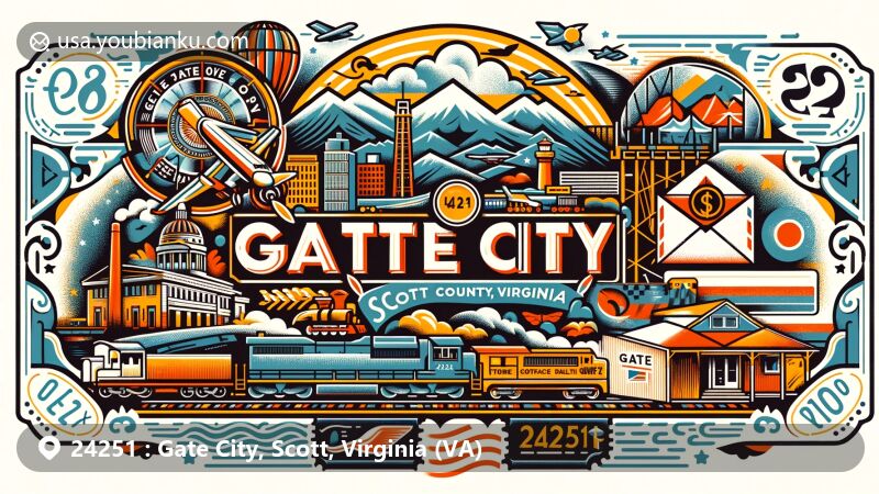 Modern illustration of Gate City, Scott County, Virginia, portraying ZIP code 24251, featuring Clinch Mountains and historical commercial and transportation themes with train travel and iron ore shipping references.